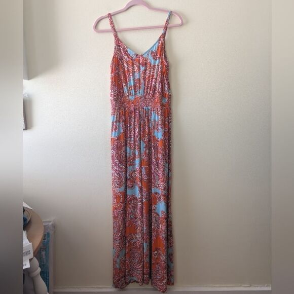 Ivy Street Sleeveless Maxi Sundress Women's Medium Orange Paisley Smocked Waist - Picture 3 of 8
